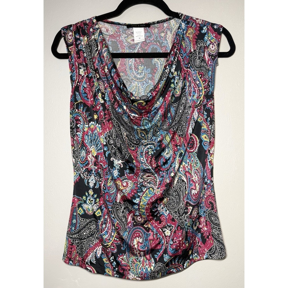Jennie & Marlis Sleeveless Blouse Women's Size M Fuchsia Teal Paisley Cowl Neck